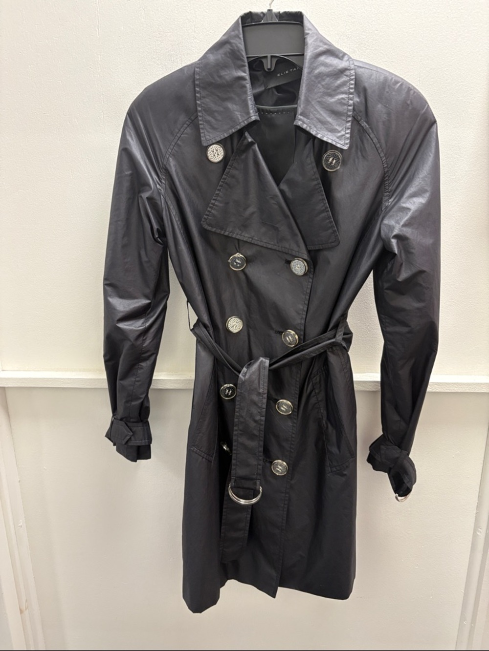 Elie Tahari Black Double-Breasted Trench Coat with Waist Belt